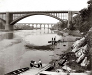 The Washington Bridge and High Bridge over the Harlem River along the northern boundary of Manhattan, looking south. Circa 1890